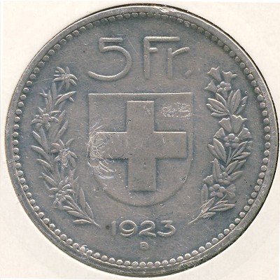 Switzerland, 5 francs, 1922–1923