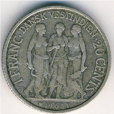 Danish West Indies, 1 franc/20 cents, 1905