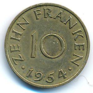 Saarland, 10 franken, 1954