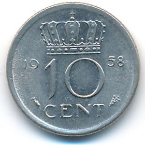 Netherlands, 10 cents, 1958