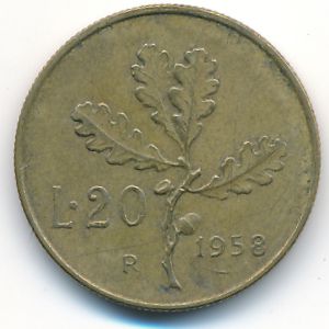 Италия, 20 лир (1958 г.)