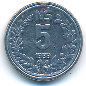Uruguay, 5 nuevos pesos, 1989