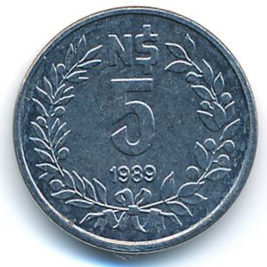 Uruguay, 5 nuevos pesos, 1989