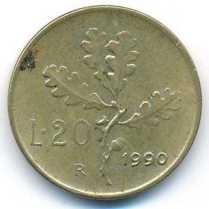 Италия, 20 лир (1990 г.)
