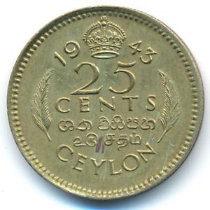 Ceylon, 25 cents, 1943