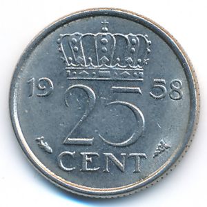 Netherlands, 25 cents, 1958