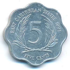 Восточные Карибы, 5 центов (1991 г.)