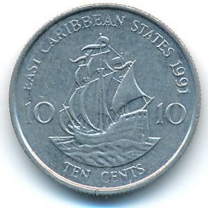 Восточные Карибы, 10 центов (1991 г.)