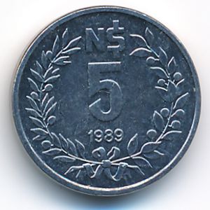 Uruguay, 5 nuevos pesos, 1989