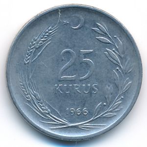 Turkey, 25 kurus, 1966
