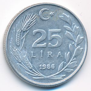 Turkey, 25 lira, 1986