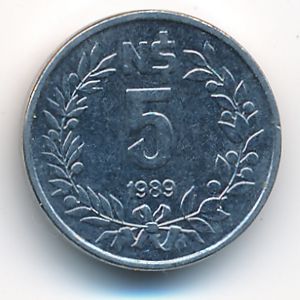 Uruguay, 5 nuevos pesos, 1989