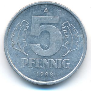 German Democratic Republic, 5 pfennig, 1988