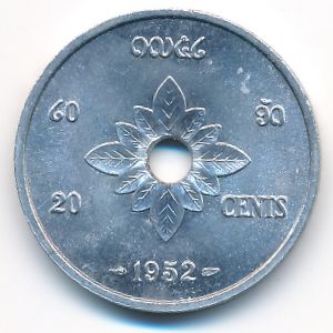 Laos, 20 cents, 1952