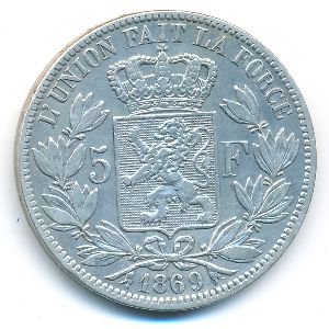 Belgium, 5 francs, 1869