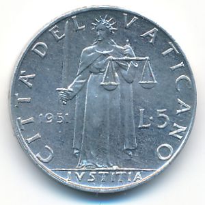 Ватикан, 5 лир (1951 г.)