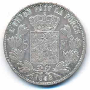 Belgium, 5 francs, 1868
