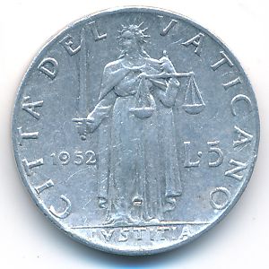 Vatican City, 5 lire, 1952