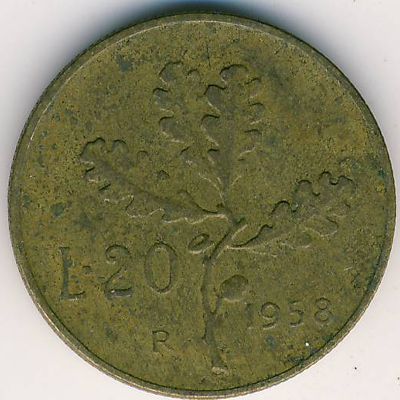 Италия, 20 лир (1958 г.)