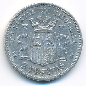 Испания, 2 песеты (1870 г.)