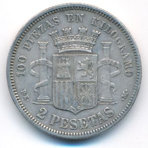 Испания, 2 песеты (1870 г.)
