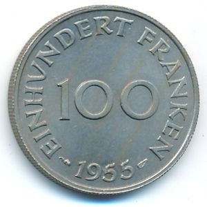 Saarland, 100 franken, 1955