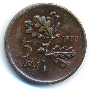 Turkey, 5 kurus, 1980