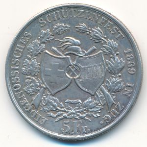 Switzerland, 5 франков, 1869
