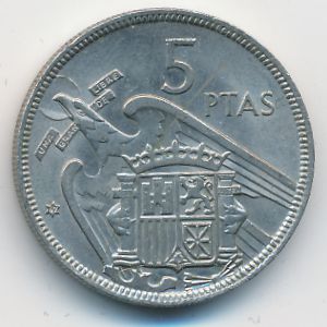 Spain, 5 pesetas, 1957