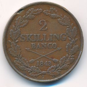 Швеция, 2 скиллинга (1843 г.)