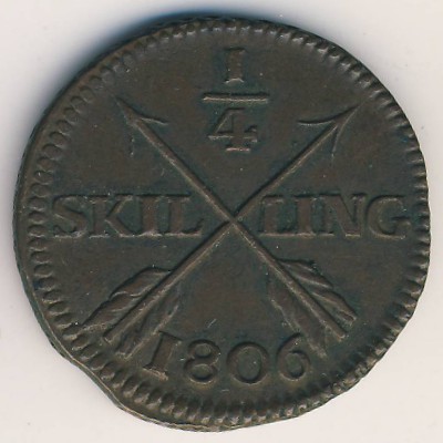 Швеция, 1/4 скиллинга (1806 г.)