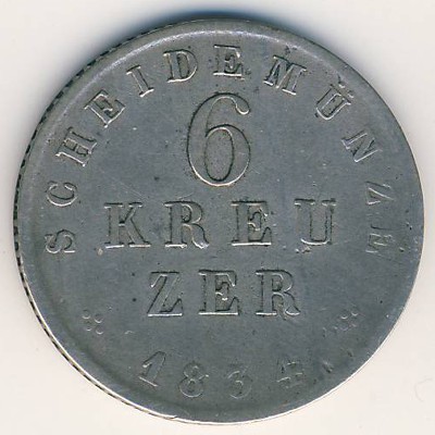 Hesse-Darmstadt, 6 kreuzer, 1833–1837