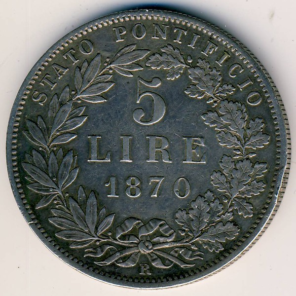 Папская область, 5 лир (1870 г.)
