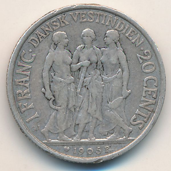 Датская Западная Индия, 1 франк/20 центов (1905 г.)