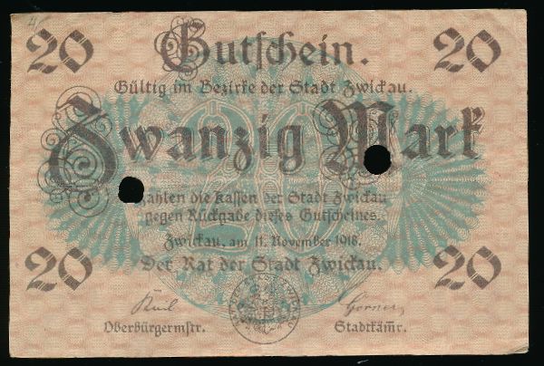 Цвиккау., 20 марок (1918 г.)