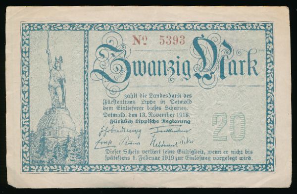 Детмольд., 20 марок (1918 г.)