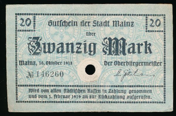 Майнц., 20 марок (1918 г.)
