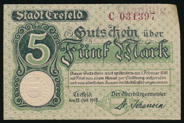 Крефельд., 5 марок (1918 г.)