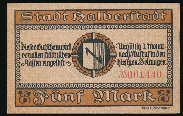 Хальберштадт., 5 марок (1918 г.)