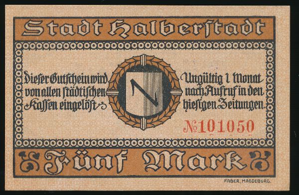 Хальберштадт., 5 марок (1918 г.)