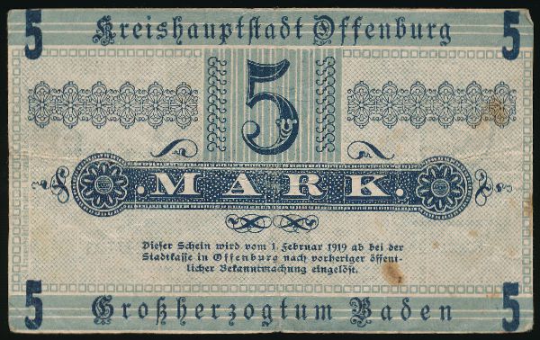 Оффенбург., 5 марок (1919 г.)