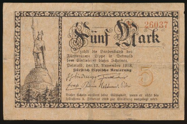 Детмольд., 5 марок (1918 г.)