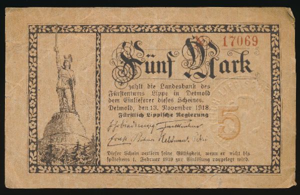 Детмольд., 5 марок (1918 г.)