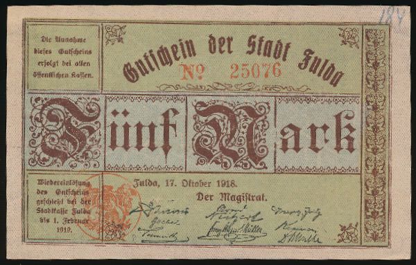 Фульда., 5 марок (1918 г.)