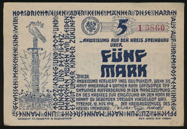 Штайнбург., 5 марок (1918 г.)