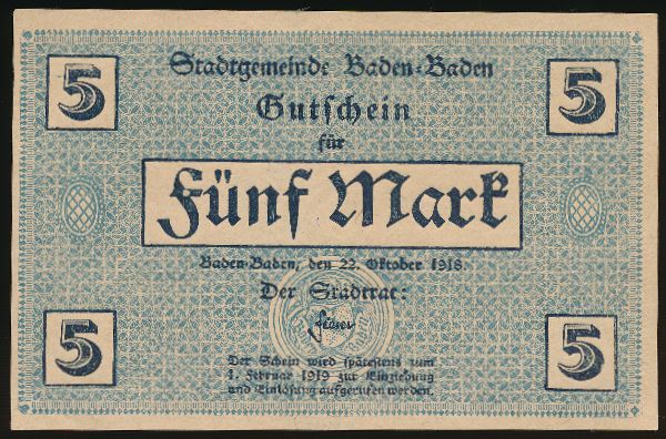 Баден-Баден., 5 марок (1918 г.)