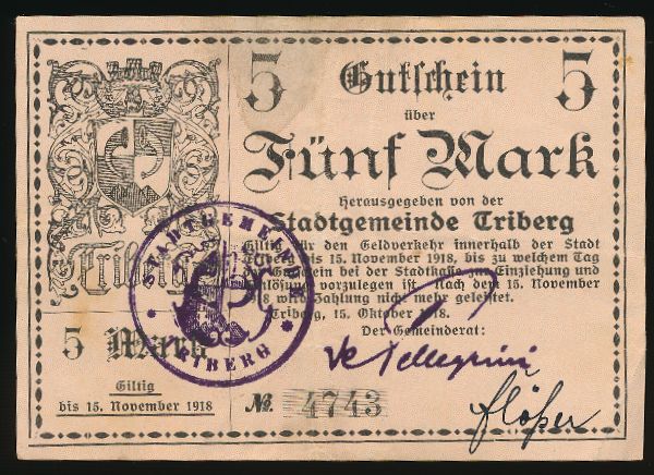 Триберг-им-Шварцвальд., 5 марок (1918 г.)