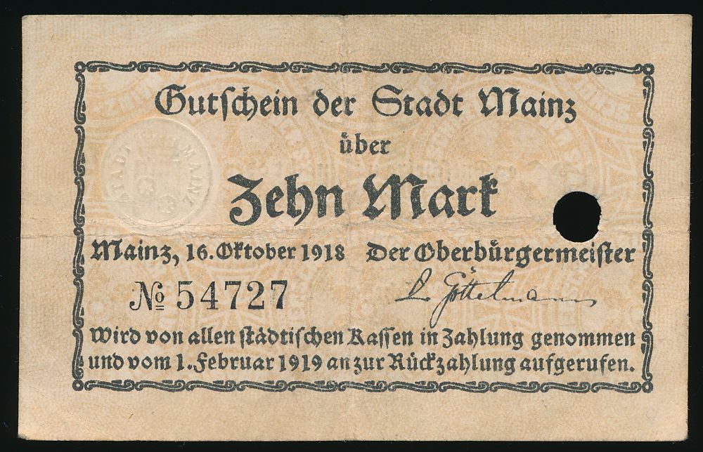Майнц., 10 марок (1918 г.)