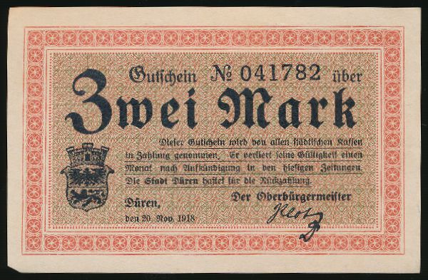 Дюрен., 2 марки (1918 г.)