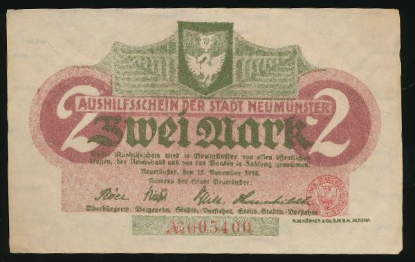 Ноймюнстер., 2 марки (1918 г.)